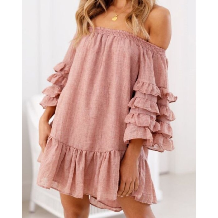 2021 Hot Sell New Summer Women Sexy Off-should Solid Color Casual Loose Beach Dress Boho Backless Sundress Ruffles Sweet Elegant