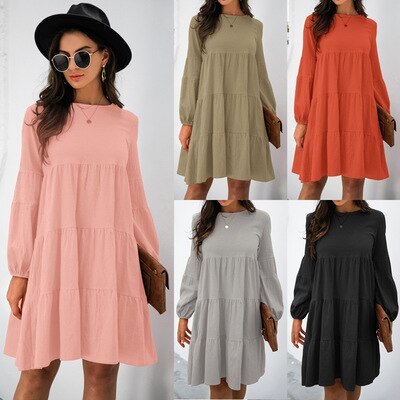 Vintage Sexy Lantern Sleeve Midi Dress Solid Color Beach Bohemian Women' Loose Sundress Casual Dress