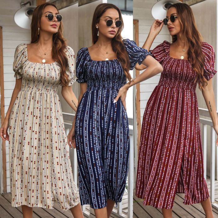 Summer Dress for Women 2022 new Style Printed Puff Sleeve Dress Casual Women Midi Dresses Elegant Vintage Dress