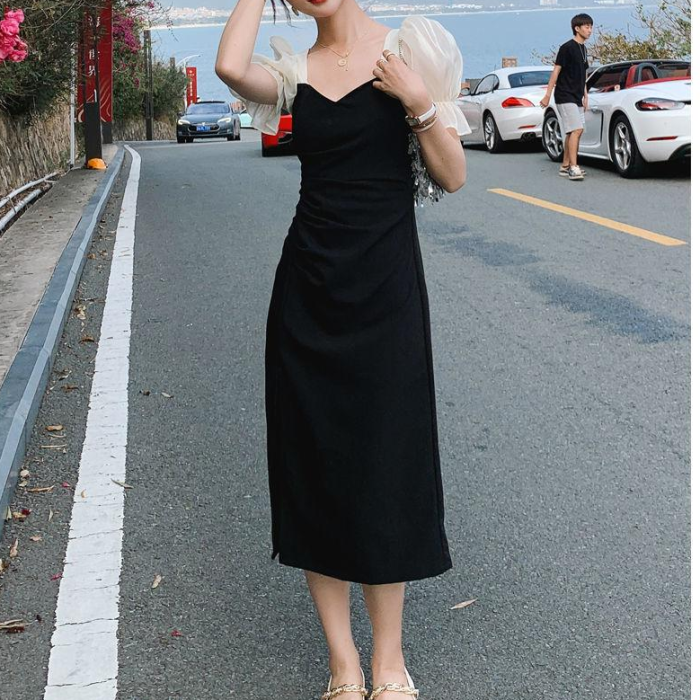 Black Dress for Women Summer 2021 Office Lady Puff Sleeve V-Neck A-LINE Vintage Dresses for Woman