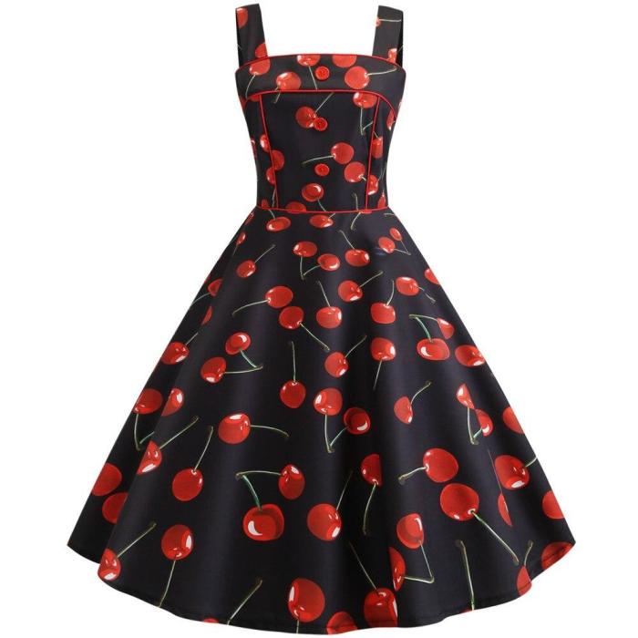 Cherry Print Vintage Dresses Summer 2020 Sleeveless Style Big Swing 1950s 60s Rockabilly Dress Big Swing Pinup Vestido