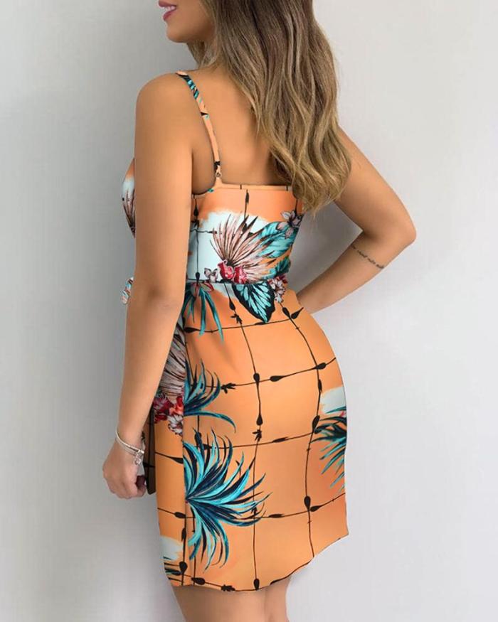 Tropical Print V-Neck Wrap Casual Dress Women Sleeveless Summer Holiday Mini Dress