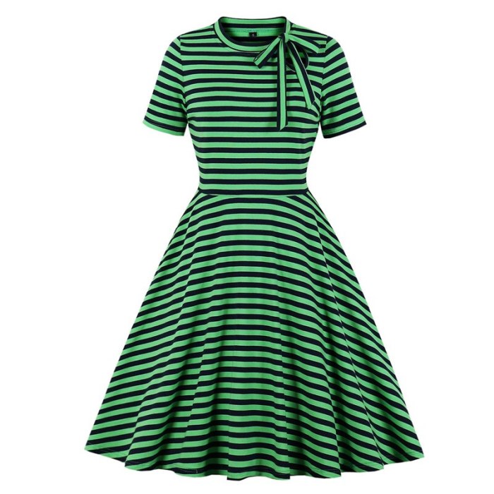 Tonval Vintage White and Black Striped Tie Neck Cut-out A Line Skater Dress Women 95% Cotton Short Sleeve Autumn Casual Dresses