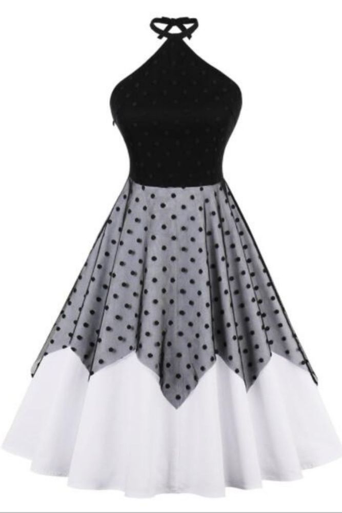 Sexy Black Halter Backness Dress Female Sleeveless Polk Dot Patchwork Cotton Vintage Evening Party Dresses