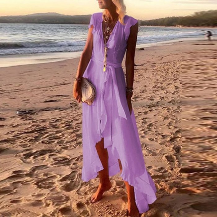 Women Casual Butterfly Short Sleeve Long Dress Spring Elegant V Neck Irregular Maxi Dress Summer Solid Ruffle Beach Dresses Belt