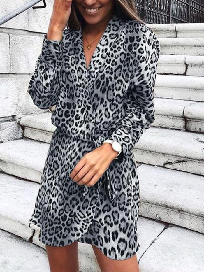V Neck Long Sleeve Leopard Printed Belt Casual Dress