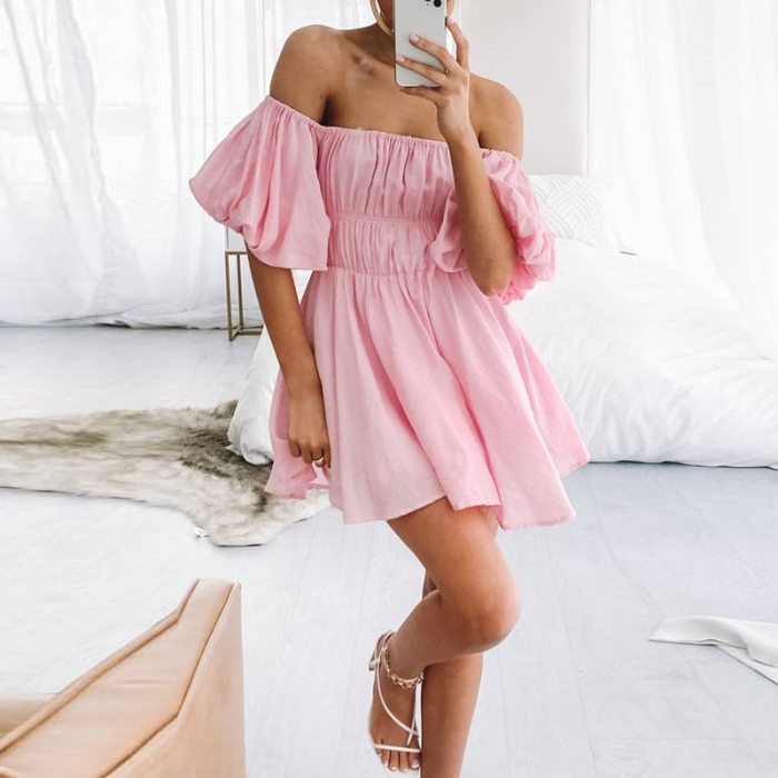 Sexy Summer Off the Shoulder Dress A-Line Women Solid Color Short Sleeve Casual Dress Party Female Vestidos 2021 New