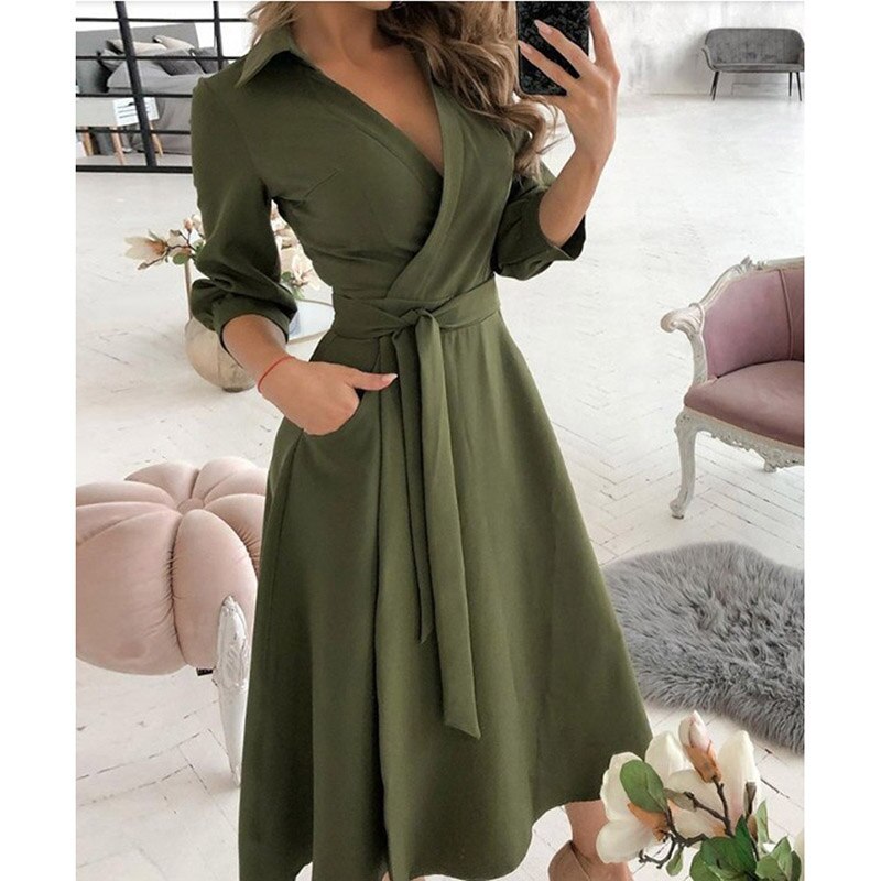 Sashes Summer Dress Women Casual Long Sleeve Woman Dress Loose A-Line Solid Maxi Shirt Dresses for Women 2021 robe femme