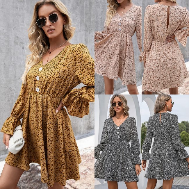 2021 Autumn Winter New Style Women's Leopard Print Long-sleeved V-neck Dress Flared Sleeves Elastic Waist Sexy Party Clothes