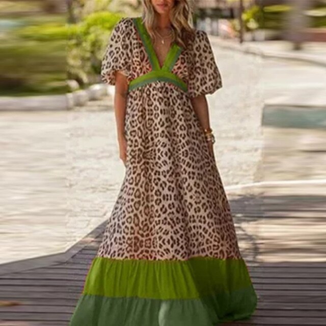 Summer Casual Leopard Print Loose Long Dress Sexy Deep V Neck Beach Party Dresses Elegant Women Short Sleeve Maxi Dress Vestidos