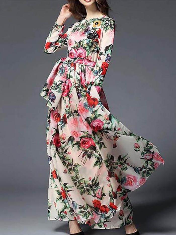 Round Collar Floral Long Sleeve Maxi Dress