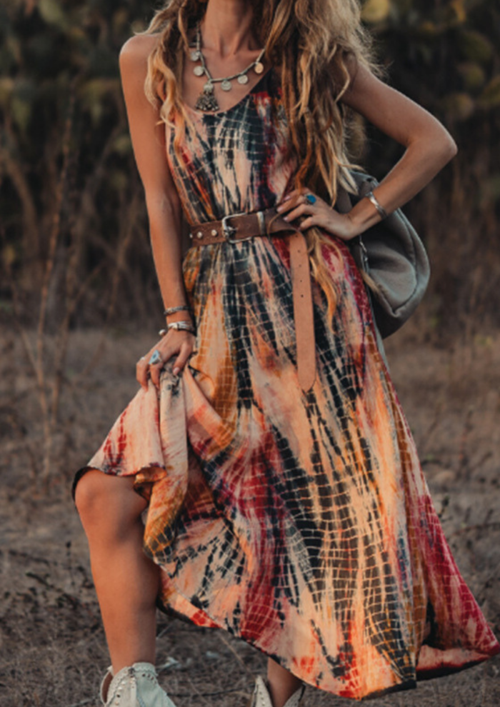 Casual Bohemian Women Dress 2021 Summer Fashion Print O-neck Spaghetti Straps Long Dresses