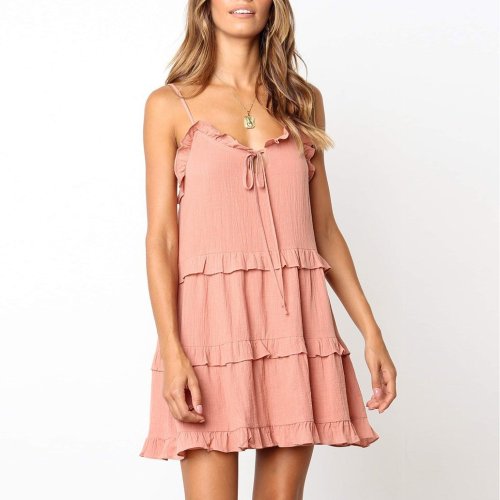 Solid Color Sling Band Bandwidth Loose Leisure Holiday Dress