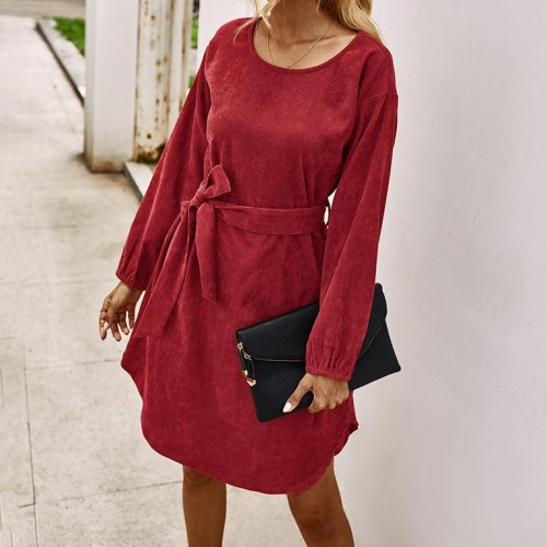 2021 Fashion Trend Women Elegant Corduroy Mini Dress Autumn New Round Neck Long Sleeve Solid Color Fall Dress with Belt Decor