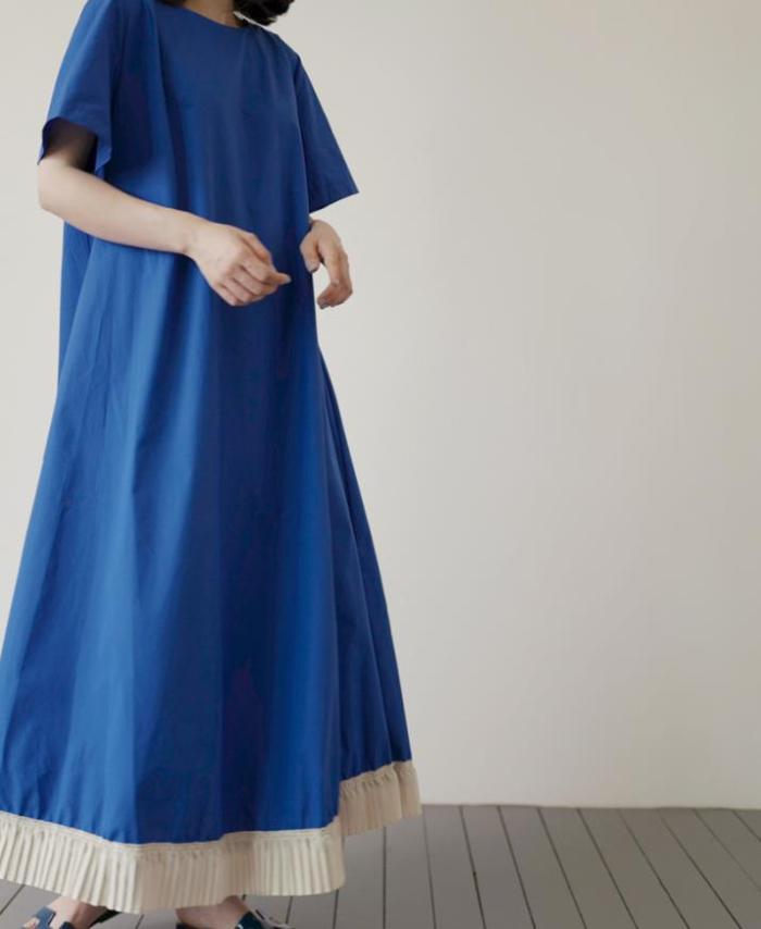 Korea Spring and Summer 2021 New Sweet Contrast Pleated Lace Long Maxi Dress Loose A-Line Blue Dress