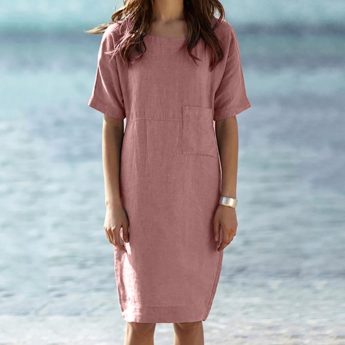 Cotton Linen Women Dresses Short Sleeve Pocket Solid Color Beach Casual Dress Plus Size Women Summer Sundress