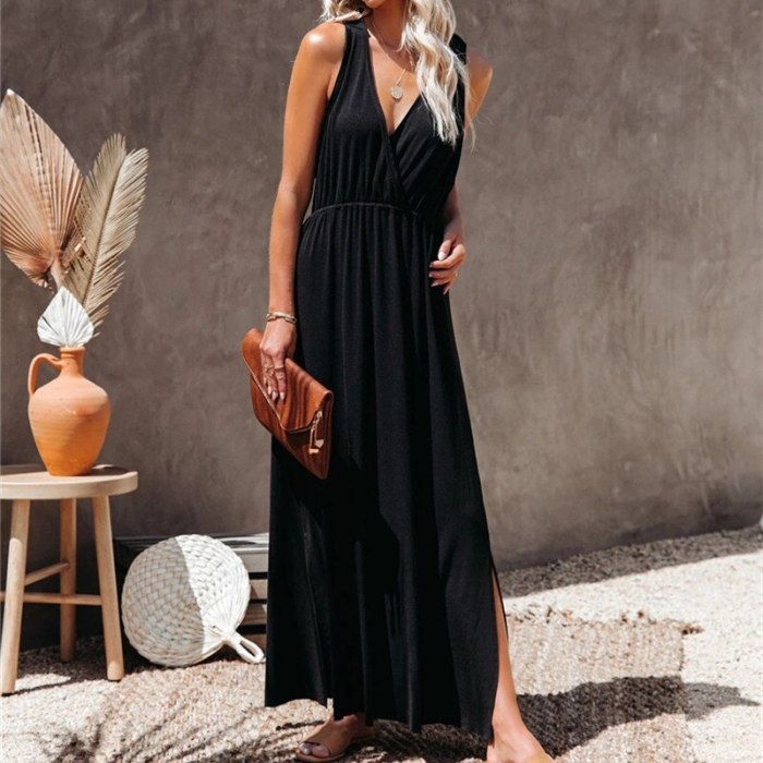 Sexy Elegant Women Dress 2021 Summer Casual Deep V-neck Spaghetti Straps Loose Maxi Dress