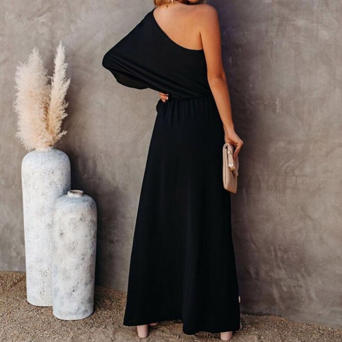 Elegant Women Solid Split Long Party Dresses 2021 Summer Casual Skew Collar Maxi Dress Fashion One Shoulder Loose Dress Vestidos