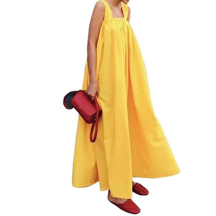 Bohemian Solid Color Sleeveless Hanging Bandwidth Loose Maxi Dress