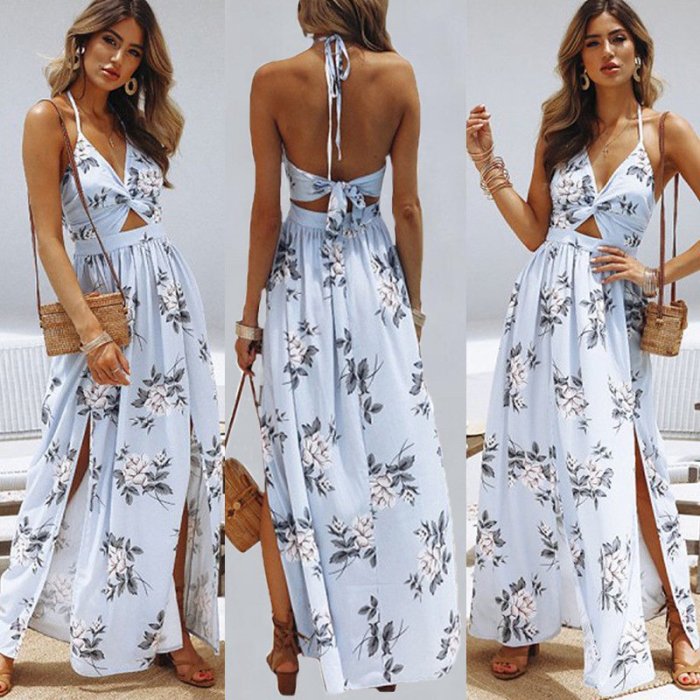 Elegant Lady Evening Party Dress Pink Summer Beach Chic Woman Dress Bohemian Boho Sexy Backless Blue Maxi Long Floral Slit Dress