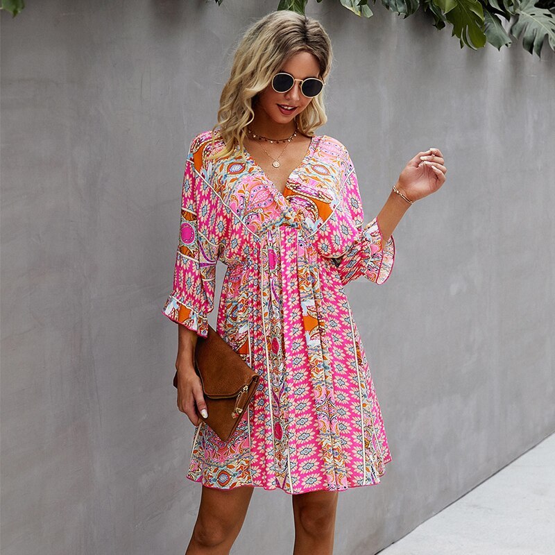 Summer Print Dress For Women 2021 New Casual V Neck Half Sleeve Ladies Fashion Knee Length Sexy Slim Floral Dresses