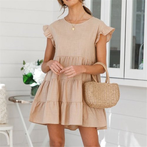 Lovely Plain Round Collar Loose Flounce Embellished Vacation Dress