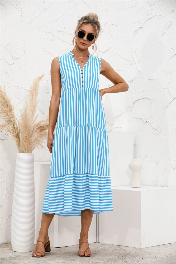Summer Women's Dresses Fashion Printing Stripe V Neck Casual Loose Button Type Stitching Ruffled Sleeveless Ladies Dresses 2021