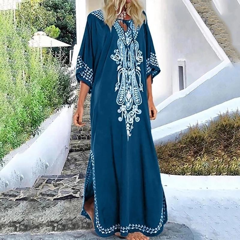 Casual V Neck Embroidery Maxi Dress