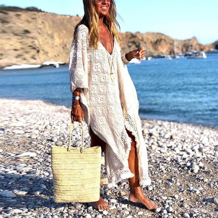 Sexy Pure Color Loose Sleeve Slit Casual Maxi Dress