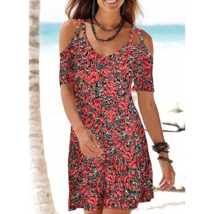 Summer Ladies Mid-length Dress Beach Casual Dress Sling V-neck Printed Slim Dress Plus Size S-5XL