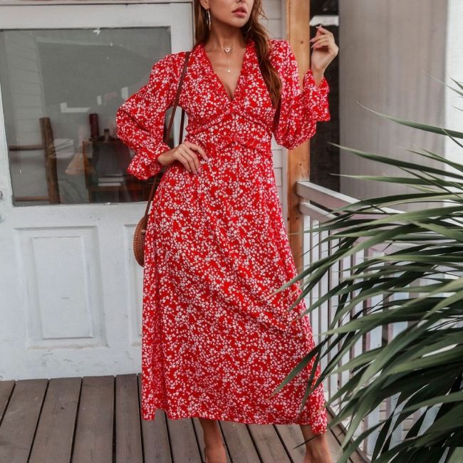 Spring Fall Elegant Women Dress Sexy Deep V-Neck Fashion Floral Ruffle Long Sleeve Midi Dresses Casual Boho Beach Robe Femme