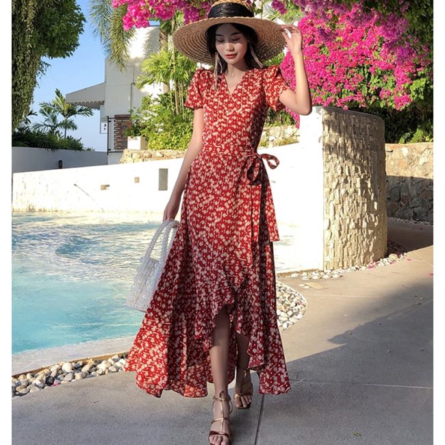 Summer Women Floral Print Ruffle Maxi Dress Elegant Boho Vacation Tropical Long Beach Dress Vintage Korean Burgundy Runway Dress