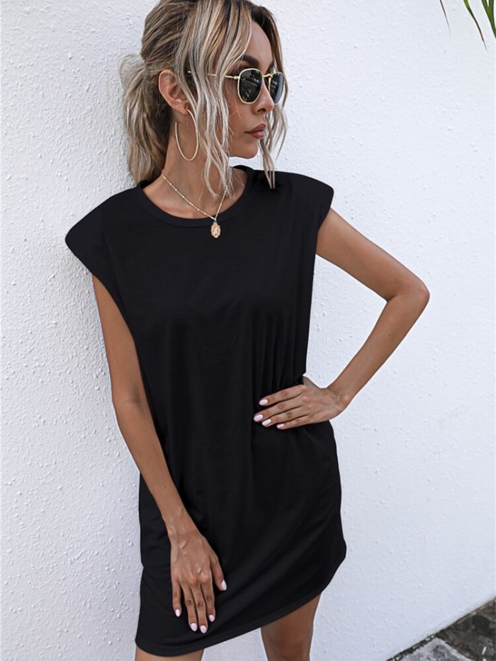 2021 Summer Women Dress Vintage Shoulder Pads Solid Party Dress Casual Sleeveless Elegant Lady Sexy Mini Dresses Femme Robe