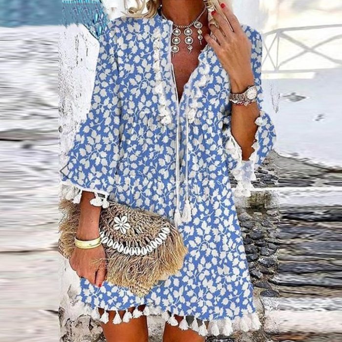 Vintage Women Floral Print A-Line Party Dress Spring Autumn V Neck Lace Up Tassel Mini Dress Elegant Long Sleeve Ladies Dresses