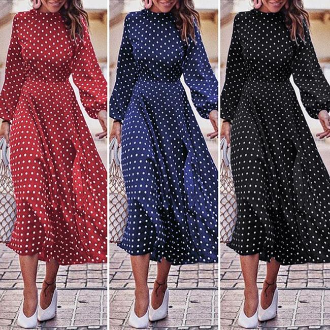 Fashion Women Dress Vintage Long Puff Sleeve Irregular Large Hem Polka Dots Party Midi Dress 2021 Plus Size Casual Loose Dresses