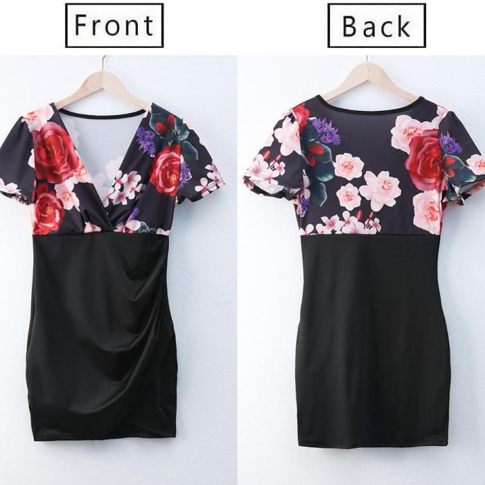 Women'S Dress New Summer Fashion Sexy V-Neck Stitching Printed Short-Sleeved Dress Classic Style
