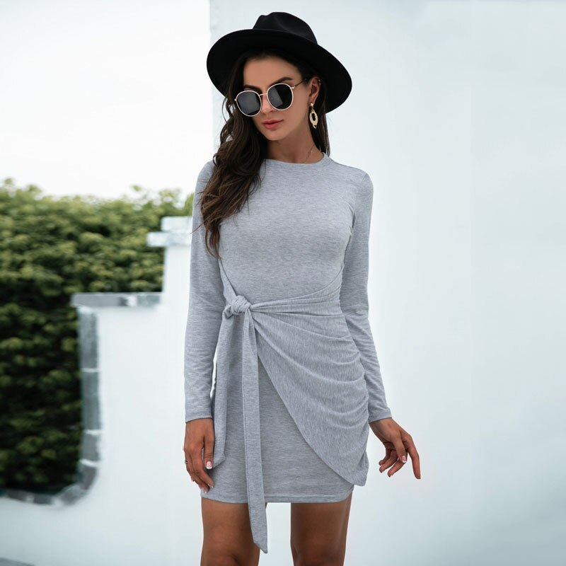 Womens Dresses New Arrival 2021 Knotted Long Sleeve Crew Neck T-Shirt Dress Elegant Lady Bodycon Slim Mini Dress Vestidos Mujer