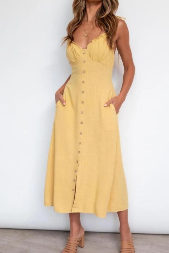 Casual Solid Yellow Boho Beach Style Midi Dress Women Summer Sundress Backless Holiday Elegant Loose Midi Dress Vestido De Mujer