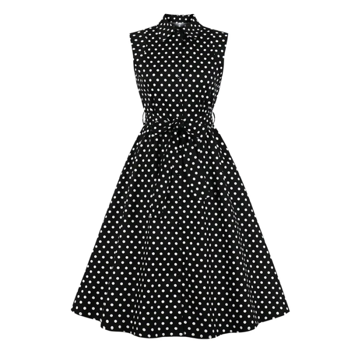 Tonval Turn Down Collar Single-Breasted Polka Dot Summer Cotton Shirt Dress Women 50s Rockabilly Vintage Sleeveless Midi Dresses