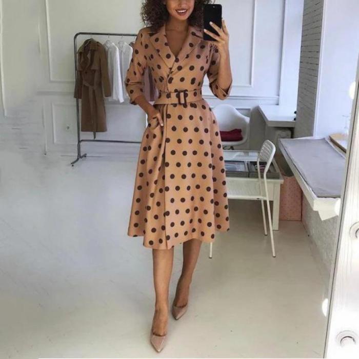 Elegant Dress Spring/autumn Popular Fashion Casual Wave Point Long Sleeve Notched Sexy Dress Collect Waist Hit Color Vestidos
