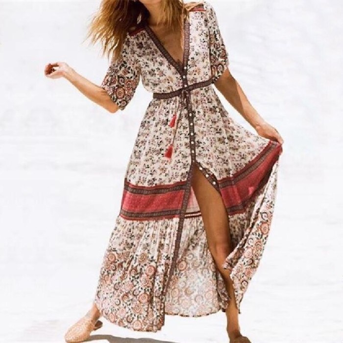Bohemian Printed Patchwork V-neck Short Sleeve Self Belted Button Front Open Club Maxi Dress Tunic Sexy Women Clothes 2020 A471