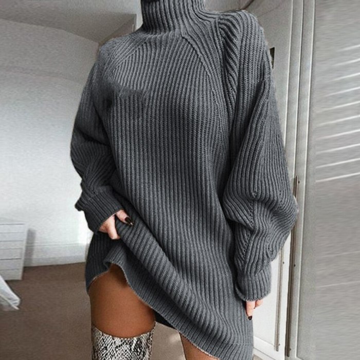 Women Turtleneck Knitted Sweater Dress Loose Oversized Dresses