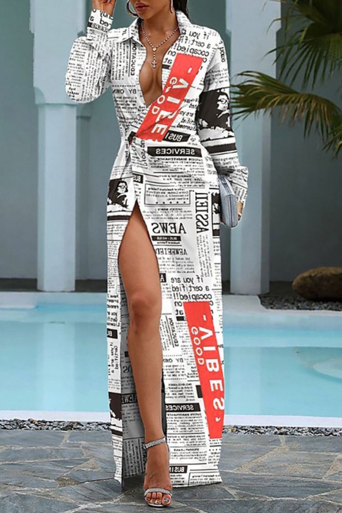 Fashion Turn-down Collar Maxi Dress Elegant Newspaper Printed Women Shirt Dress Sexy High Slit Long Sleeve Party Dress Vestidos