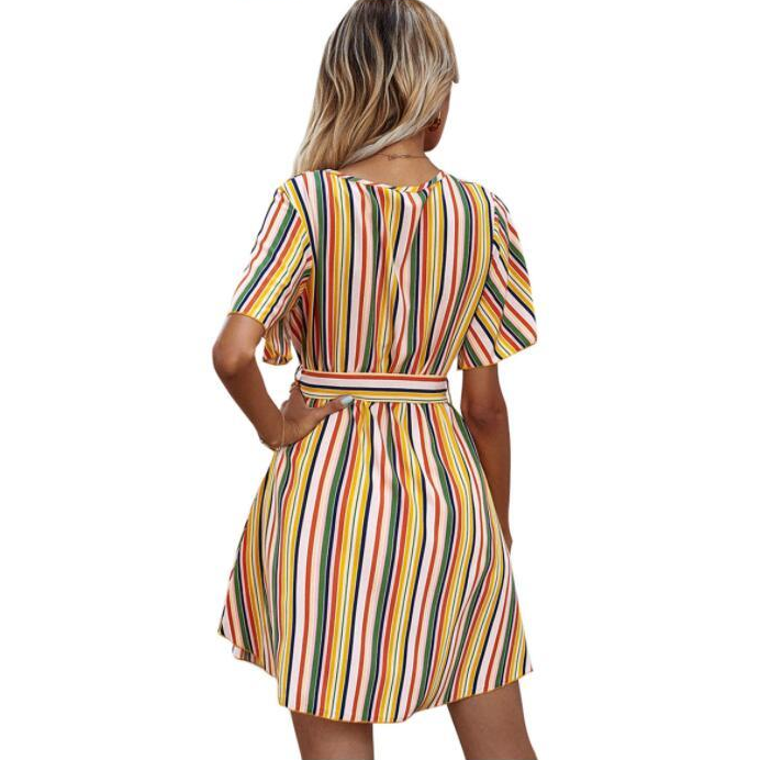 Summer Striped Print Slim A-Line Dress Short Sleeve V-Neck Sashes Mini Dresses Female Fashion Casual Street Sundress Vestido New