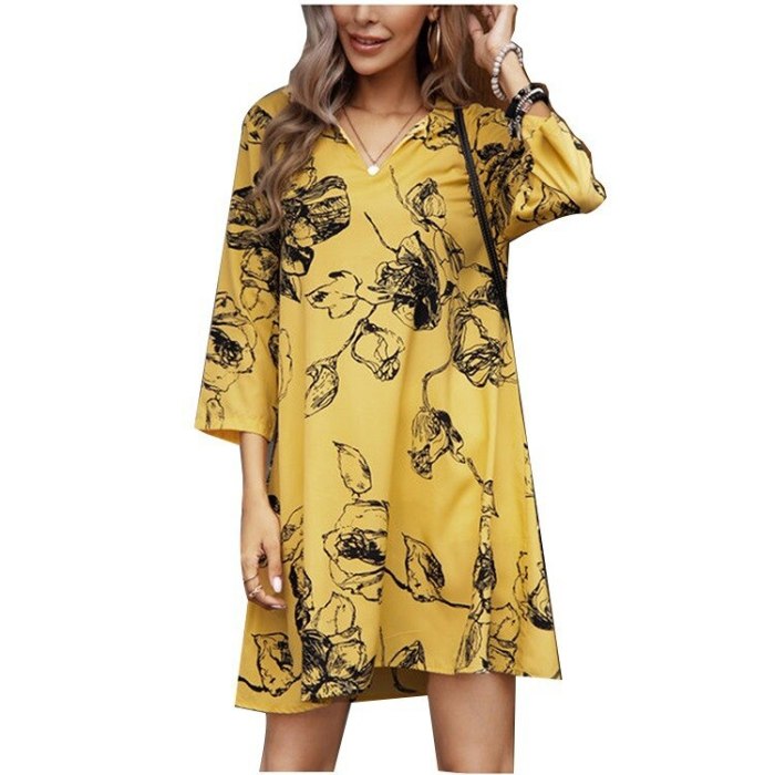 Spring Summer 2021 Fashion Casual Vintage Print V Neck Dresses for Women Loose Shirt Dresses Large Bohemian Elegant Sexy Dress