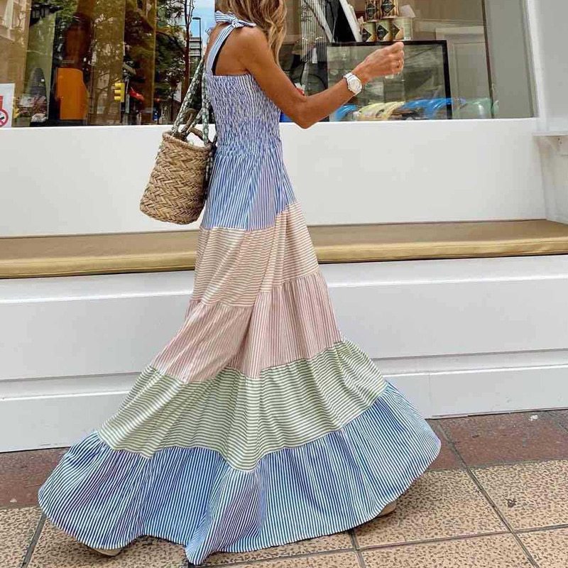 Bohemian Maxi Dresses Summer Elegant Sleeveless Off Shoulder Sling Long Dress Fashion Striped Patchwork Loose Casual Women Dress