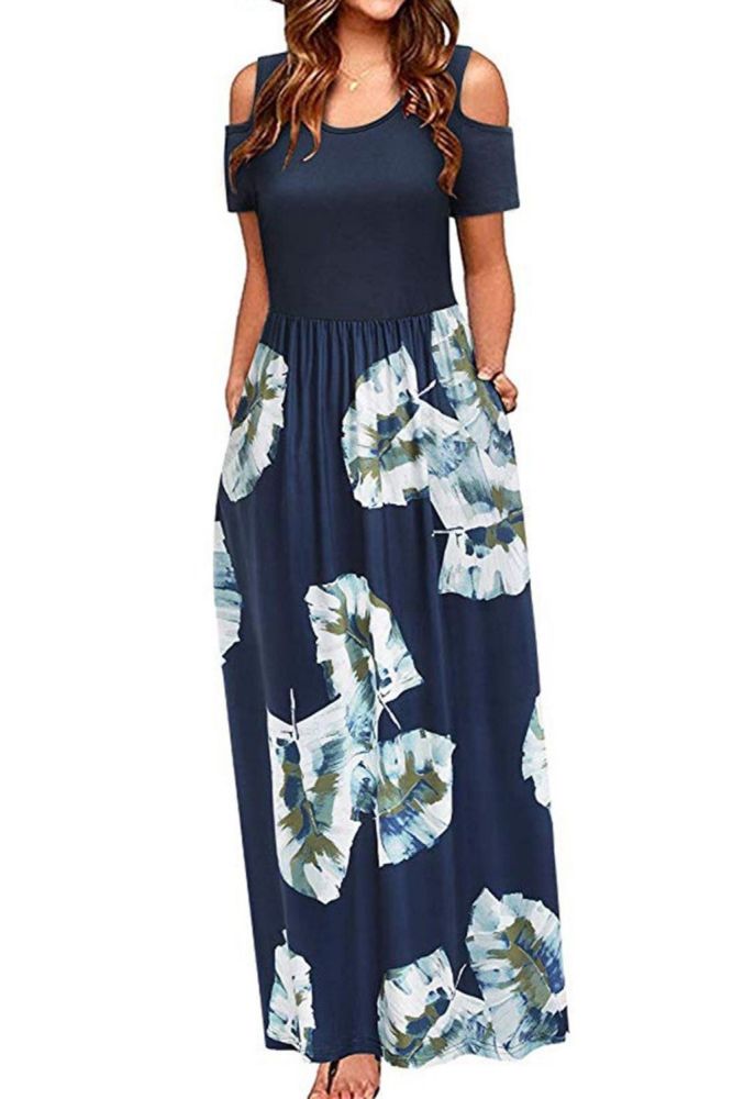 Women' Cold Shoulder Pocket Floral Print Elegant Maxi Short Sleeve Casual Dress