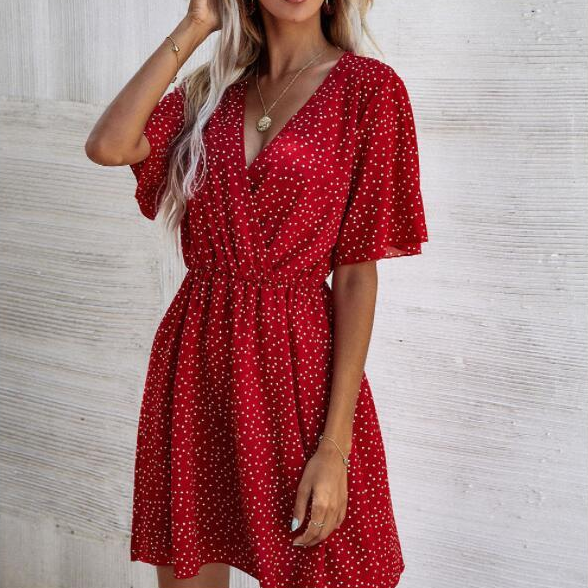 Women Polka Dot A-Line Dress Summer Shrinkage Design V-Neck Short Sleeve Elastic Mid Waist Print Slim Mini Dress For Streetwear