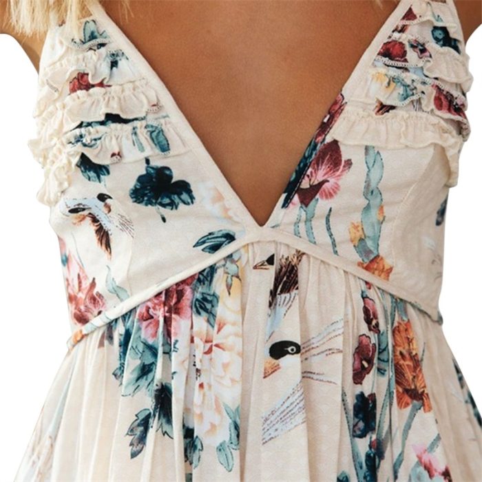 Women Fashion Spaghetti Strap Deep V-Neck Dress Female Backless Floral Print Sleeveless Dresses For Summer 2021