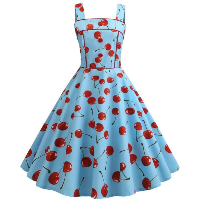 Cherry Print Vintage Dresses Summer 2020 Sleeveless Style Big Swing 1950s 60s Rockabilly Dress Big Swing Pinup Vestido